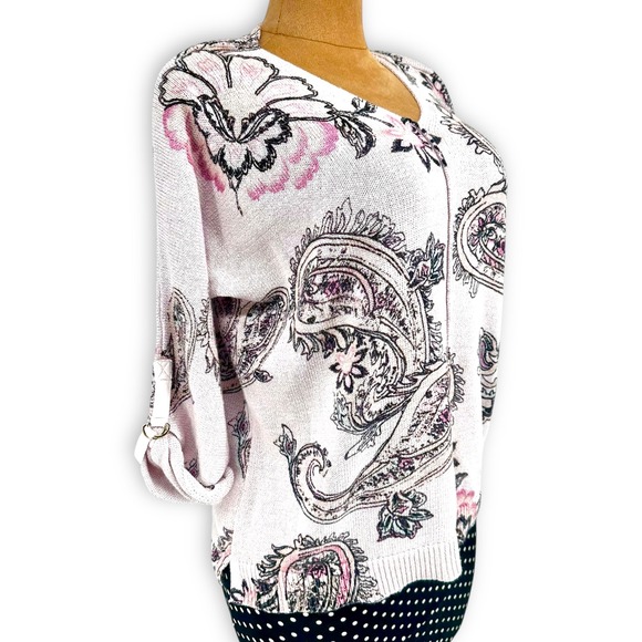 Chico's Blush Pink Paisley Sweater Sz 3 (XL) 3/4 Roll Tab Sleeve Romantic Cotton - Picture 9 of 12